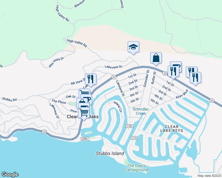 map of restaurants, bars, coffee shops, grocery stores, and more near 12762 Shoreview Drive in Clearlake Oaks