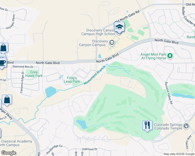 map of restaurants, bars, coffee shops, grocery stores, and more near 1615 Silversmith Road in Colorado Springs