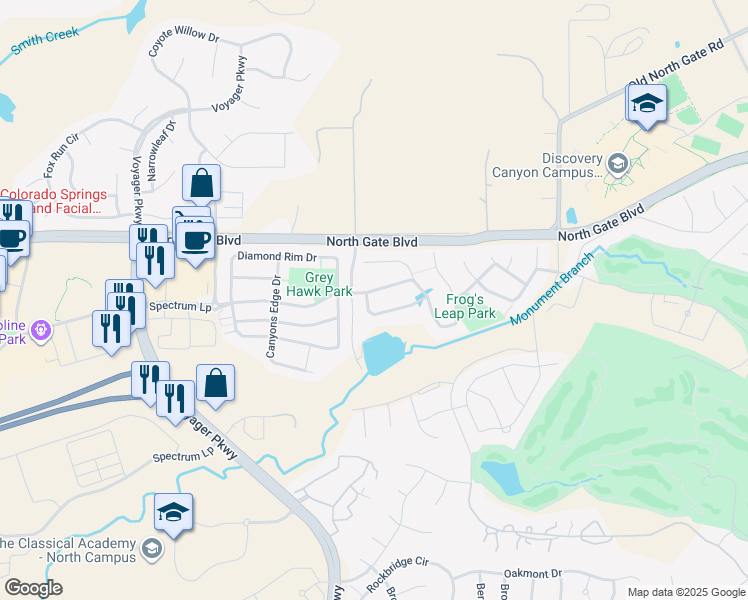 map of restaurants, bars, coffee shops, grocery stores, and more near 1129 Spectrum Loop in Colorado Springs