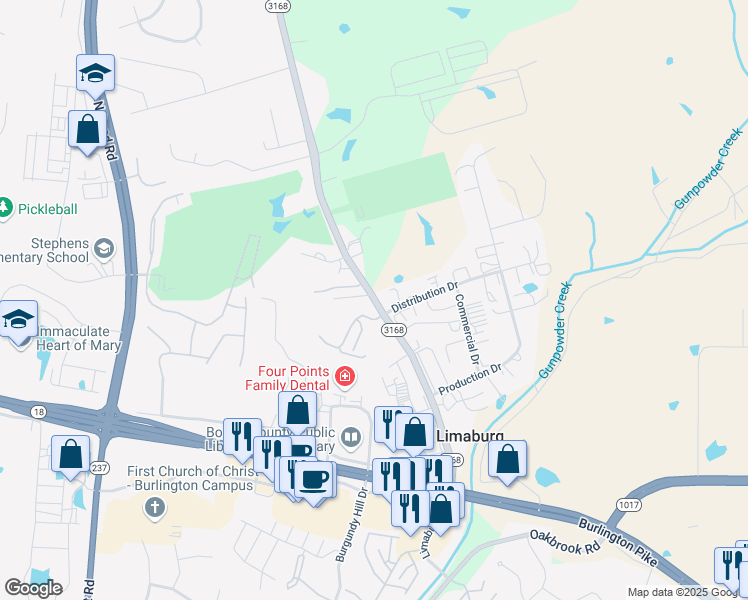 map of restaurants, bars, coffee shops, grocery stores, and more near 5578 Limaburg Road in Burlington