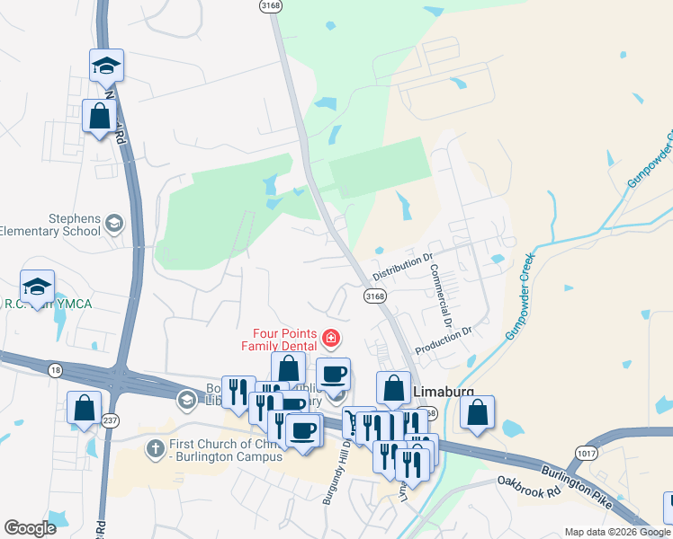 map of restaurants, bars, coffee shops, grocery stores, and more near 1675 Val Court in Burlington