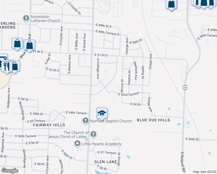 map of restaurants, bars, coffee shops, grocery stores, and more near 5234 Delaware Street in Kansas City