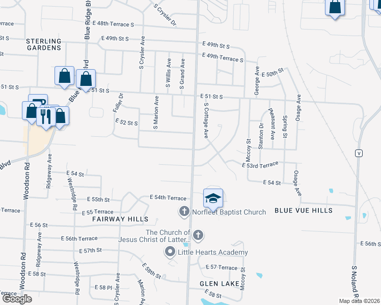 map of restaurants, bars, coffee shops, grocery stores, and more near 12500 East 53 Street in Kansas City
