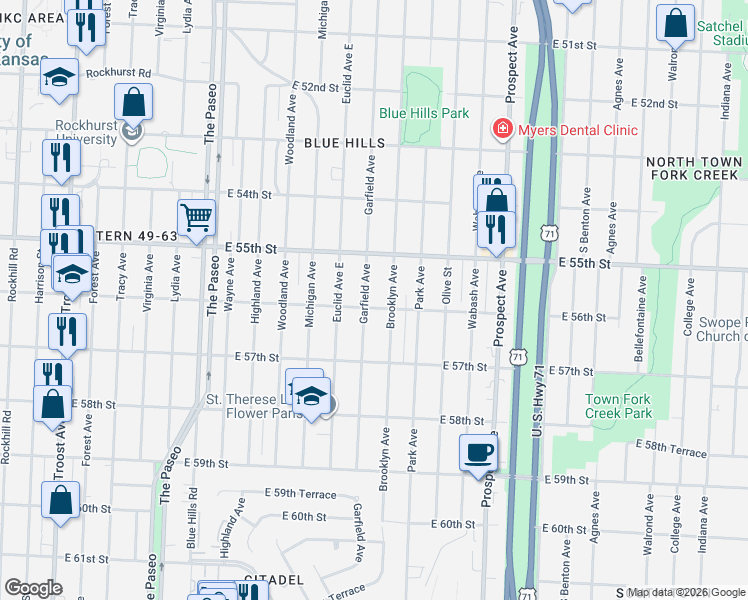 map of restaurants, bars, coffee shops, grocery stores, and more near 5528 Brooklyn Avenue in Kansas City