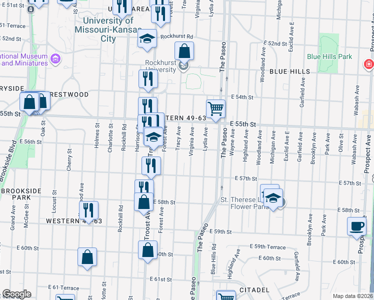 map of restaurants, bars, coffee shops, grocery stores, and more near 5540 Virginia Avenue in Kansas City
