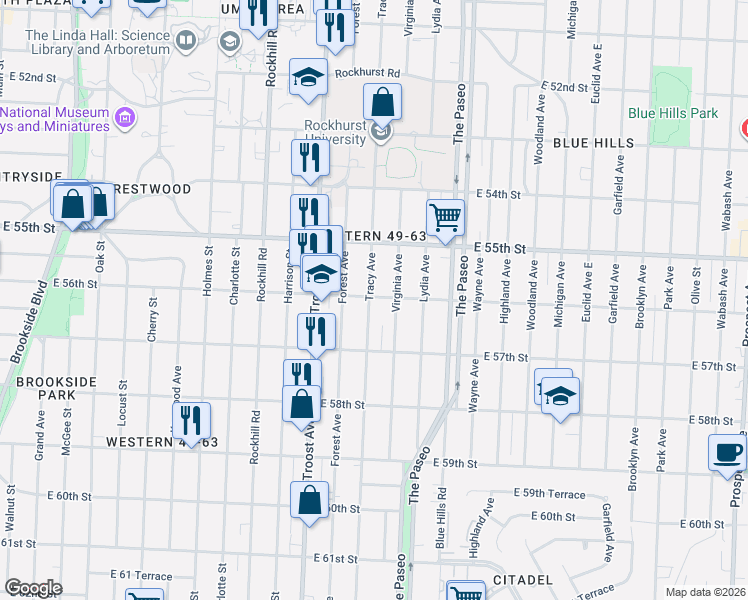 map of restaurants, bars, coffee shops, grocery stores, and more near 5546 Tracy Avenue in Kansas City