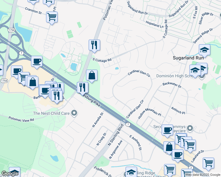 map of restaurants, bars, coffee shops, grocery stores, and more near 407 Cardinal Glen Circle in Sterling
