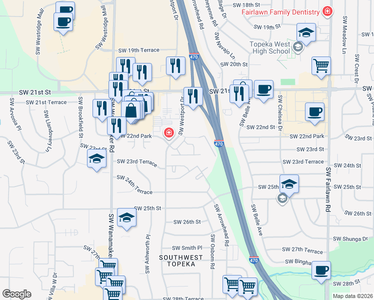 map of restaurants, bars, coffee shops, grocery stores, and more near 5809 Southwest 22nd Terrace in Topeka