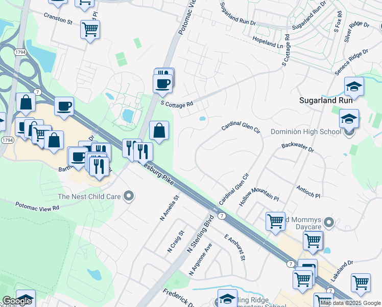 map of restaurants, bars, coffee shops, grocery stores, and more near 407 Cardinal Glen Circle in Sterling