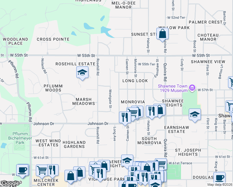 map of restaurants, bars, coffee shops, grocery stores, and more near 5707 Westgate Street in Shawnee