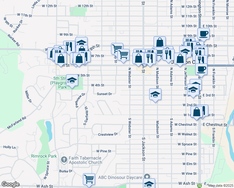 map of restaurants, bars, coffee shops, grocery stores, and more near 111 Sunset Drive in Junction City