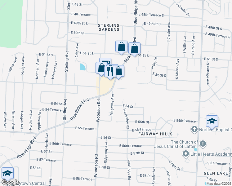 map of restaurants, bars, coffee shops, grocery stores, and more near 5301 Ridgeway Avenue in Raytown