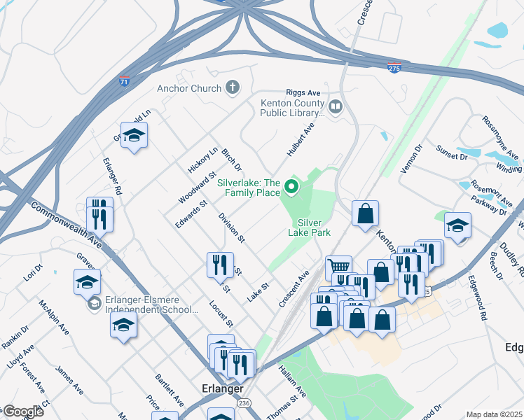map of restaurants, bars, coffee shops, grocery stores, and more near 3151 Hulbert Avenue in Erlanger