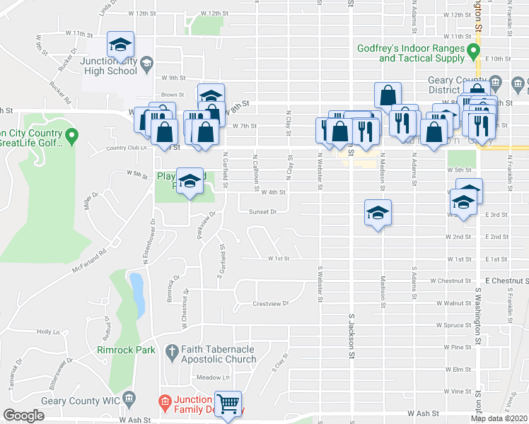 map of restaurants, bars, coffee shops, grocery stores, and more near 122 North Clay Street in Junction City