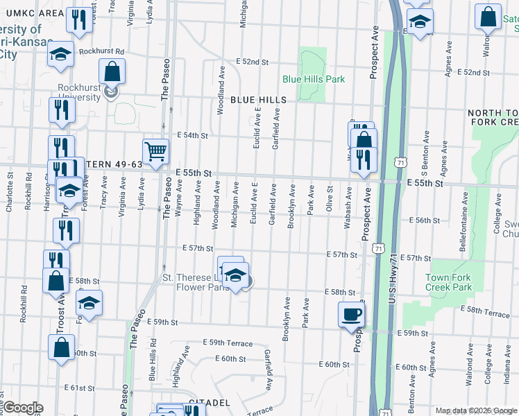 map of restaurants, bars, coffee shops, grocery stores, and more near 5530 Garfield Avenue in Kansas City
