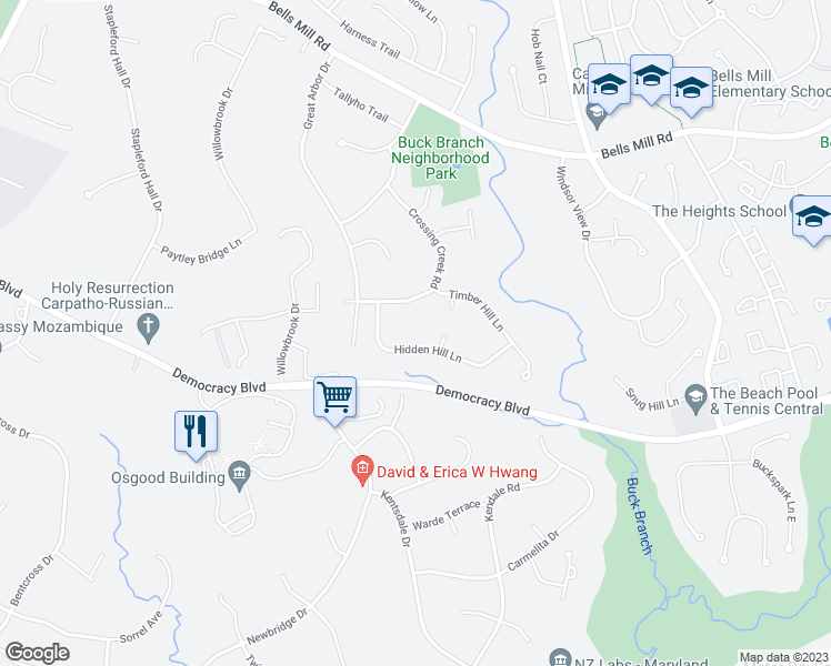 map of restaurants, bars, coffee shops, grocery stores, and more near 8713 Hidden Hill Lane in Rockville
