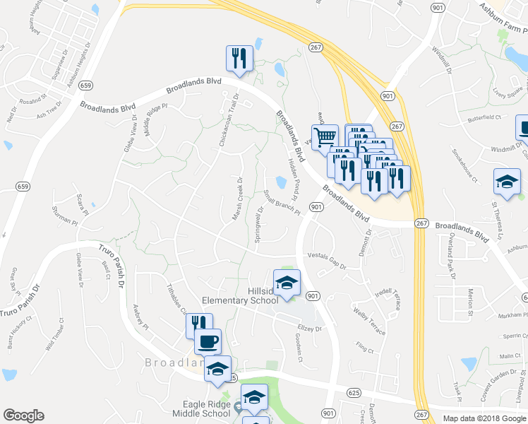map of restaurants, bars, coffee shops, grocery stores, and more near 21372 Springwell Dr in Loudoun
