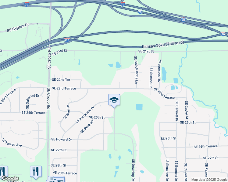 map of restaurants, bars, coffee shops, grocery stores, and more near 3917 Southeast 23rd Terrace in Topeka