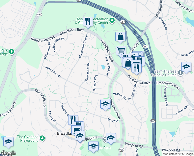map of restaurants, bars, coffee shops, grocery stores, and more near 21372 Springwell Dr in Loudoun