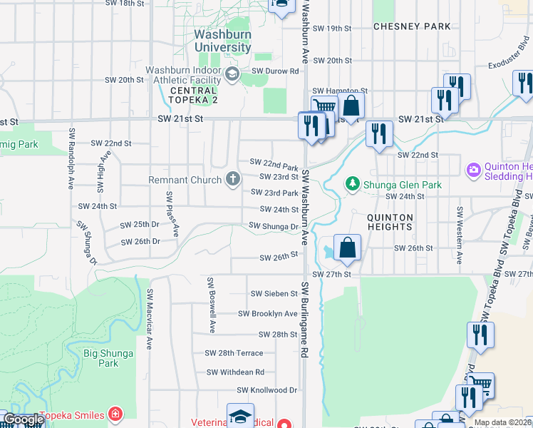map of restaurants, bars, coffee shops, grocery stores, and more near 1537 Southwest 24th Street in Topeka