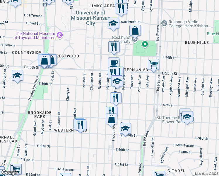map of restaurants, bars, coffee shops, grocery stores, and more near 5601 Harrison Street in Kansas City