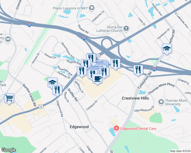 map of restaurants, bars, coffee shops, grocery stores, and more near 2857 Town Center Boulevard in Crestview Hills