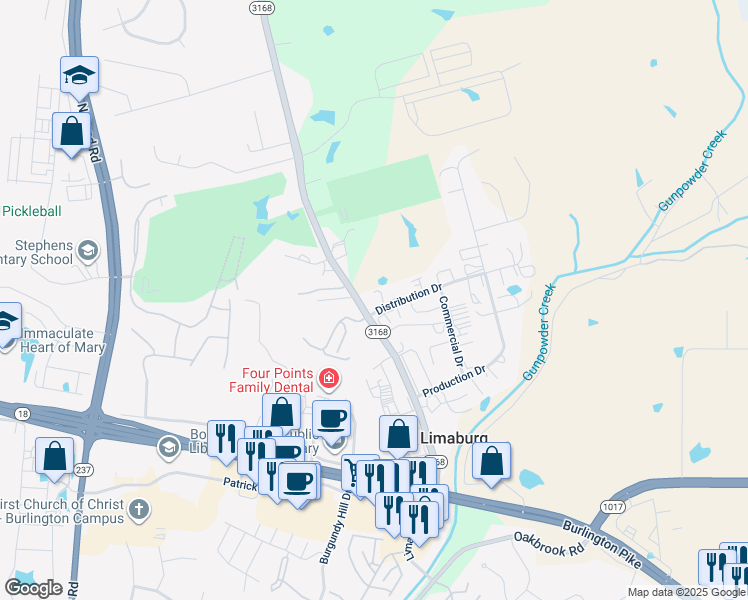 map of restaurants, bars, coffee shops, grocery stores, and more near 5578 Limaburg Road in Burlington