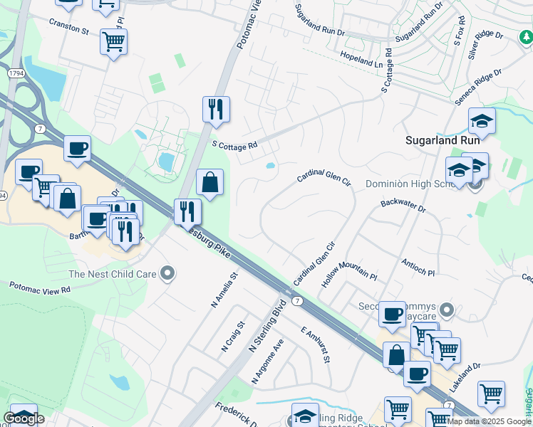map of restaurants, bars, coffee shops, grocery stores, and more near 404 Cardinal Glen Circle in Sterling