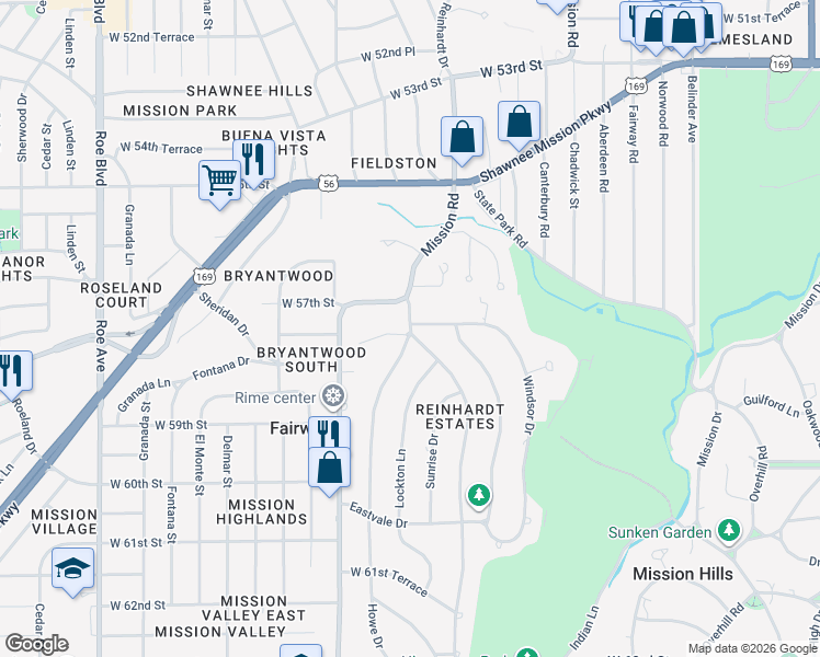 map of restaurants, bars, coffee shops, grocery stores, and more near 5705 Reinhardt Drive in Fairway