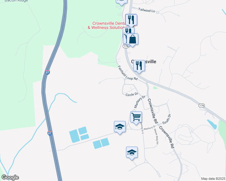 map of restaurants, bars, coffee shops, grocery stores, and more near 45 Community Place in Crownsville