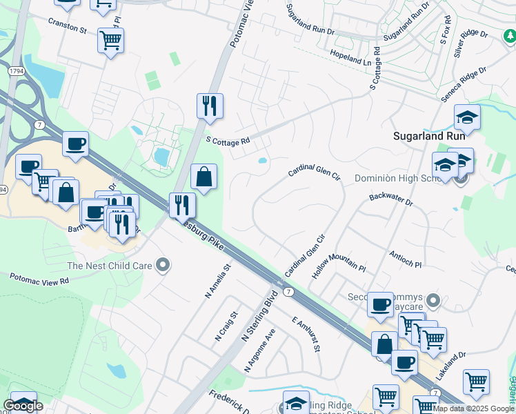map of restaurants, bars, coffee shops, grocery stores, and more near 404 Cardinal Glen Circle in Sterling