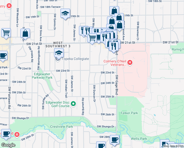 map of restaurants, bars, coffee shops, grocery stores, and more near 2305 Southwest Moundview Drive in Topeka