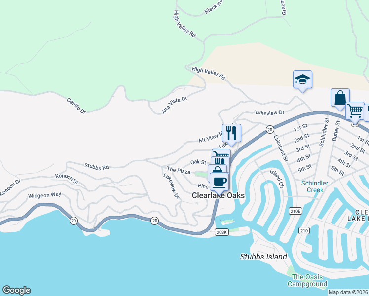 map of restaurants, bars, coffee shops, grocery stores, and more near 12415 Mount View Drive in Clearlake Oaks