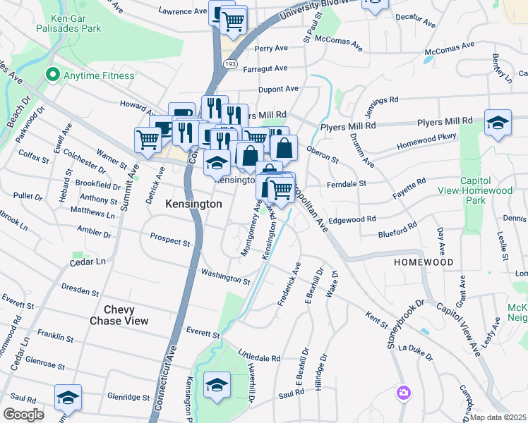 map of restaurants, bars, coffee shops, grocery stores, and more near 10310 Kensington Parkway in Kensington