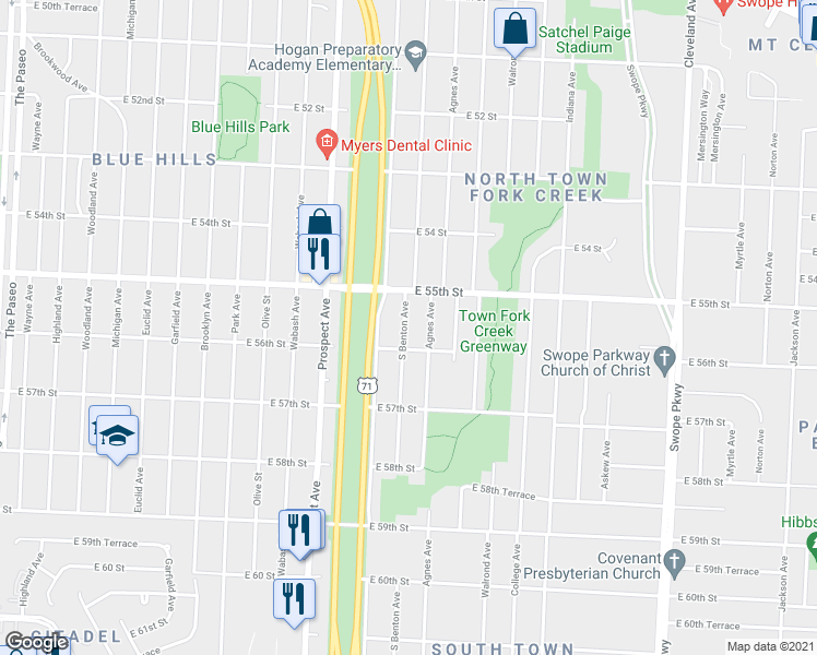 map of restaurants, bars, coffee shops, grocery stores, and more near 5525 South Benton Avenue in Kansas City