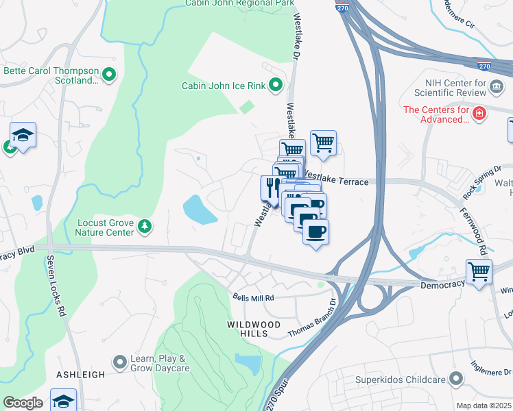 map of restaurants, bars, coffee shops, grocery stores, and more near 10300 Westlake Drive in Bethesda