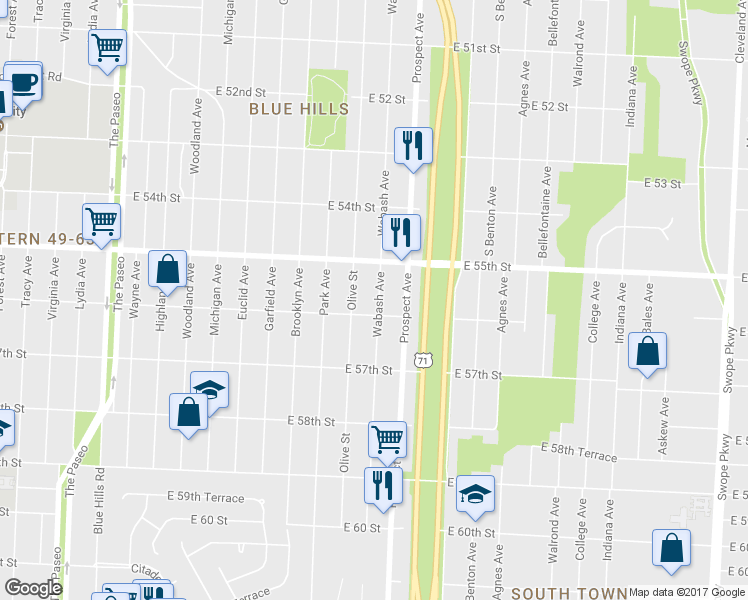 map of restaurants, bars, coffee shops, grocery stores, and more near 5538 Wabash Avenue in Kansas City