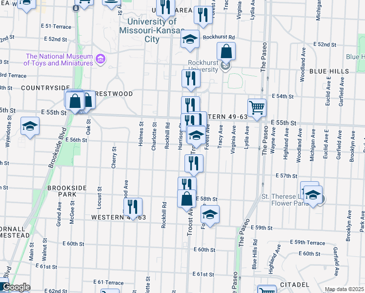 map of restaurants, bars, coffee shops, grocery stores, and more near 5603 Harrison Street in Kansas City
