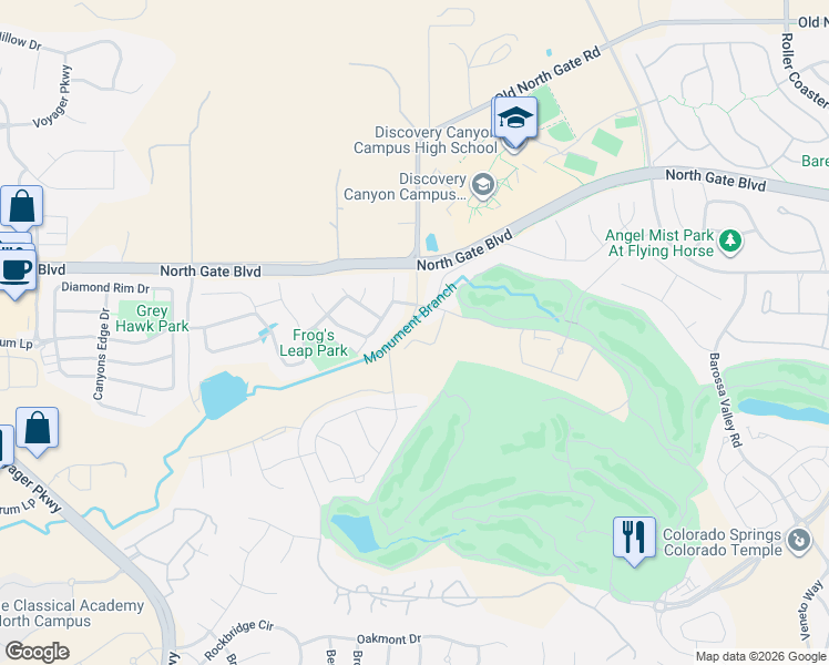 map of restaurants, bars, coffee shops, grocery stores, and more near 1615 Silversmith Road in Colorado Springs