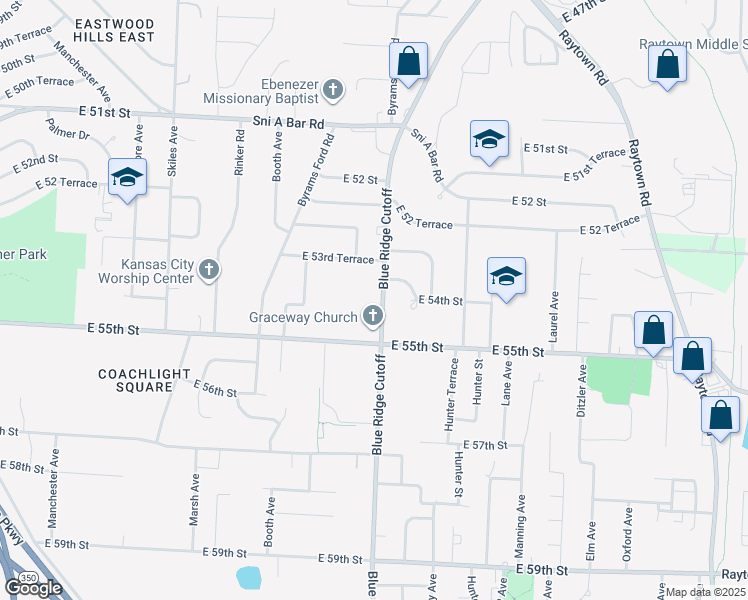 map of restaurants, bars, coffee shops, grocery stores, and more near 5440 Blue Ridge Cutoff in Kansas City