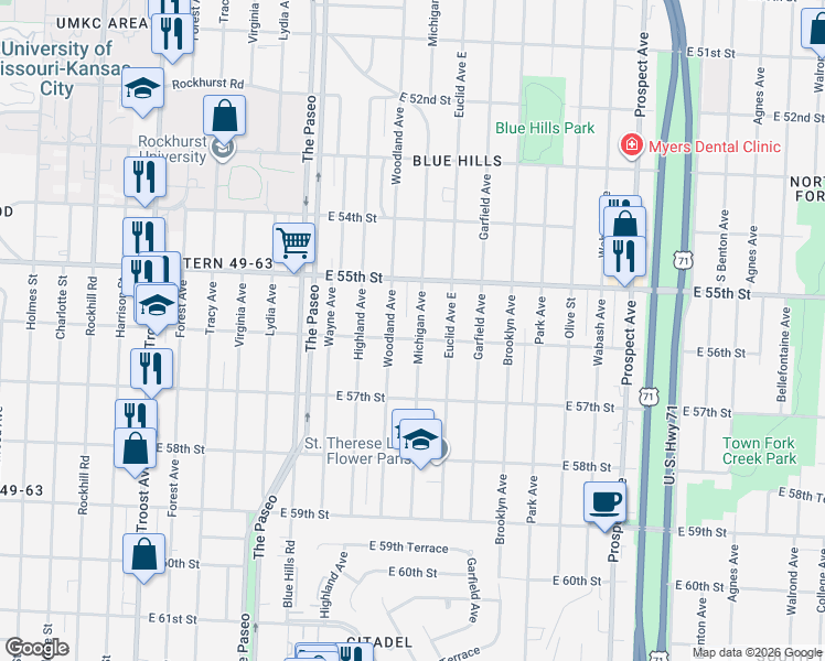 map of restaurants, bars, coffee shops, grocery stores, and more near 5533 Michigan Avenue in Kansas City