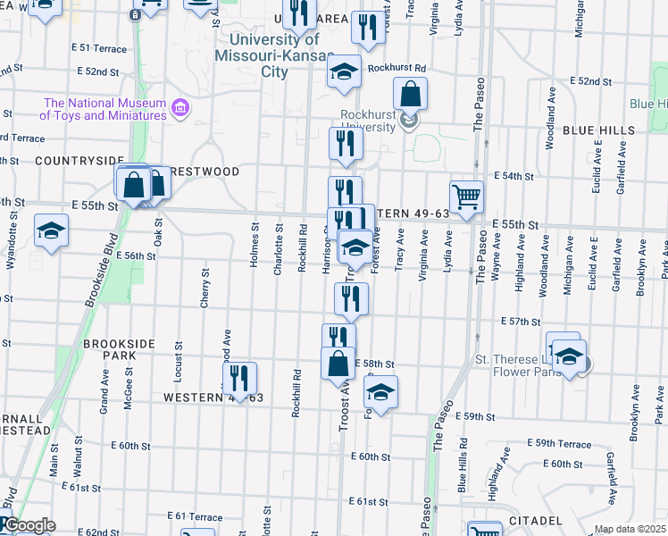 map of restaurants, bars, coffee shops, grocery stores, and more near 5603 Harrison Street in Kansas City
