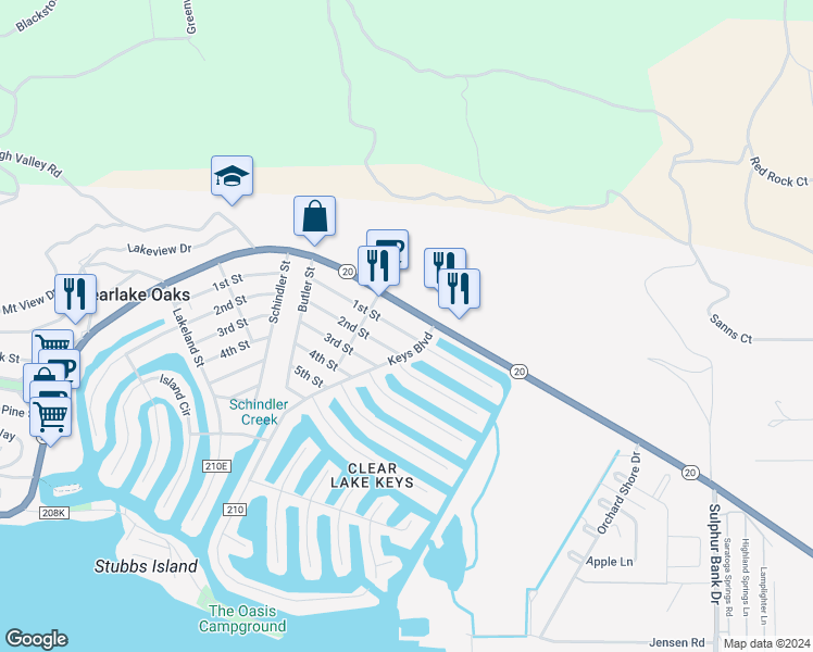 map of restaurants, bars, coffee shops, grocery stores, and more near 13330 1st Street in Clearlake Oaks