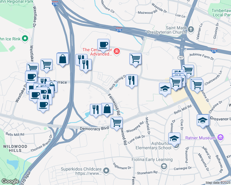 map of restaurants, bars, coffee shops, grocery stores, and more near 6560 Rock Spring Drive in Bethesda