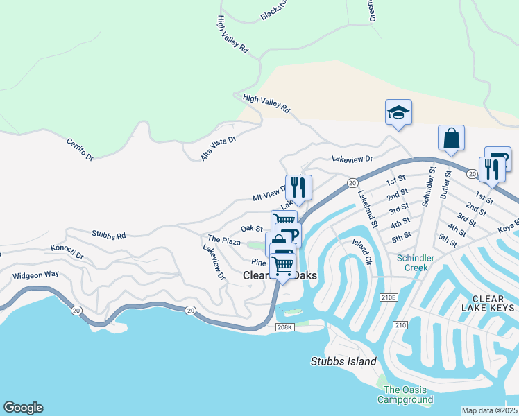 map of restaurants, bars, coffee shops, grocery stores, and more near 12504 Lakeview Drive in Clearlake Oaks