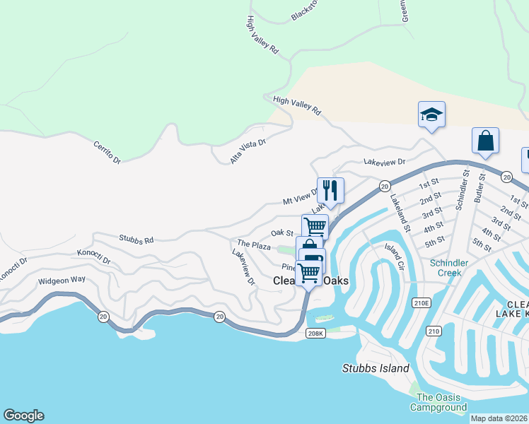 map of restaurants, bars, coffee shops, grocery stores, and more near 12415 Mount View Drive in Clearlake Oaks