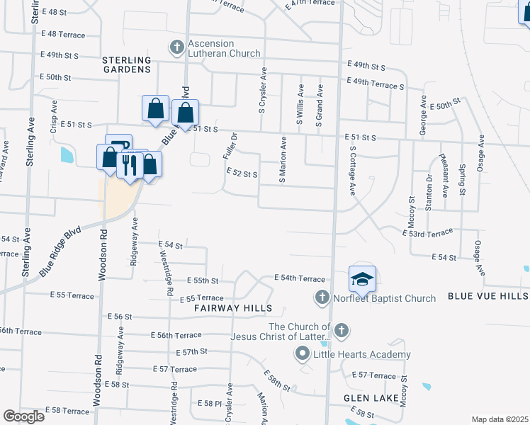 map of restaurants, bars, coffee shops, grocery stores, and more near 303 East 53rd Street in Kansas City
