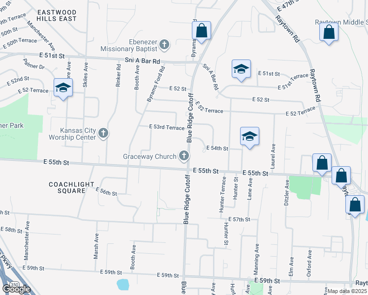 map of restaurants, bars, coffee shops, grocery stores, and more near 5440 Blue Ridge Cutoff in Kansas City