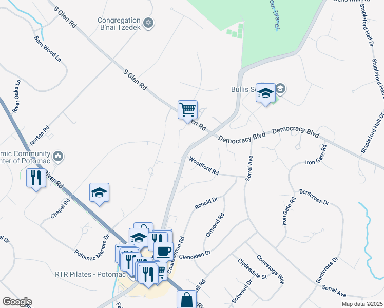 map of restaurants, bars, coffee shops, grocery stores, and more near 10301 Falls Road in Potomac