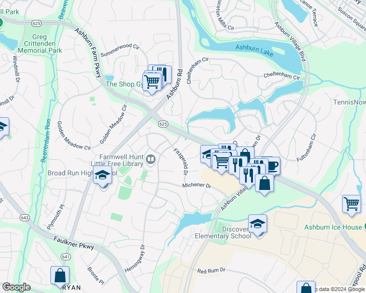map of restaurants, bars, coffee shops, grocery stores, and more near 21375 Hansberry Terrace in Ashburn